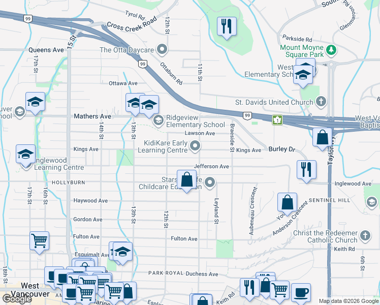 map of restaurants, bars, coffee shops, grocery stores, and more near 1126 Kings Avenue in West Vancouver