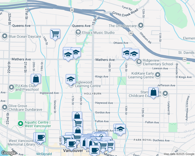 map of restaurants, bars, coffee shops, grocery stores, and more near 1468 Kings Avenue in West Vancouver