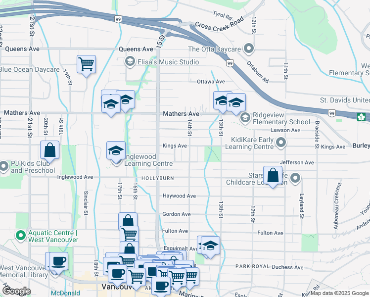 map of restaurants, bars, coffee shops, grocery stores, and more near 1410 Kings Avenue in West Vancouver