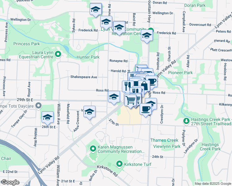 map of restaurants, bars, coffee shops, grocery stores, and more near 1150 29th Street East in North Vancouver