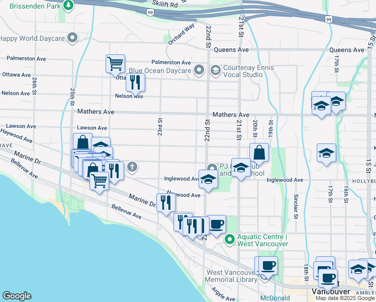 map of restaurants, bars, coffee shops, grocery stores, and more near 2240 Kings Avenue in West Vancouver