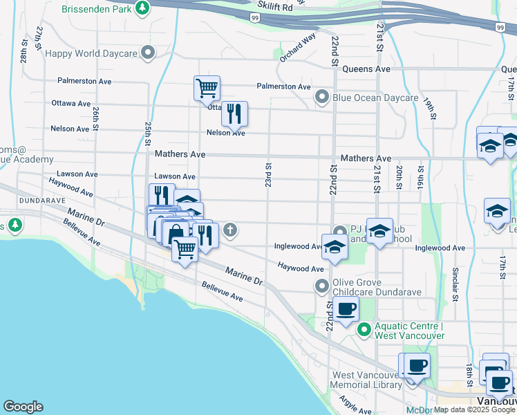map of restaurants, bars, coffee shops, grocery stores, and more near 2312 Kings Avenue in West Vancouver