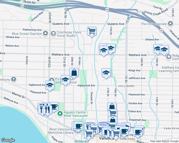 map of restaurants, bars, coffee shops, grocery stores, and more near 1295 Sinclair Street in West Vancouver
