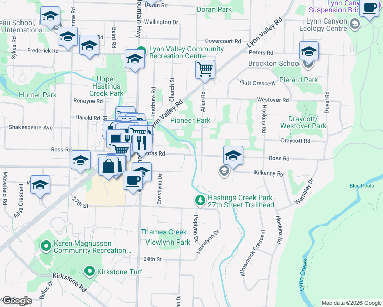 map of restaurants, bars, coffee shops, grocery stores, and more near 1494 Ross Road in North Vancouver