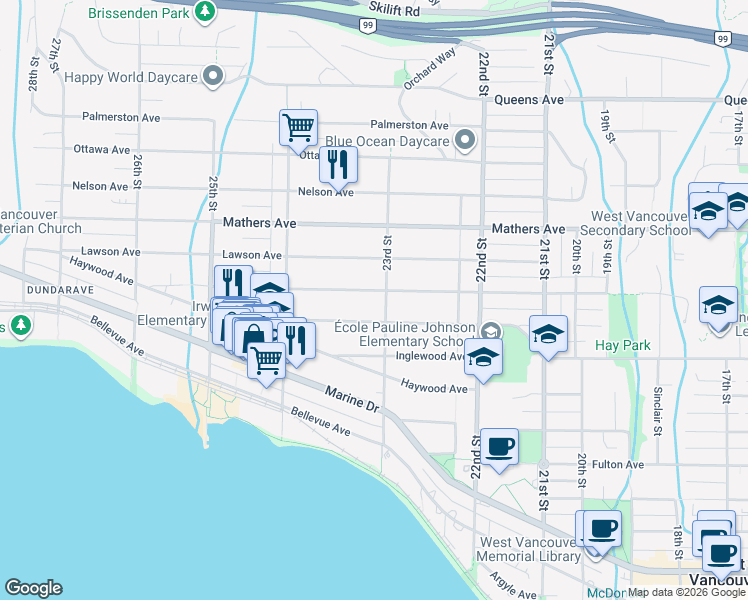 map of restaurants, bars, coffee shops, grocery stores, and more near 2312 Kings Avenue in Vancouver