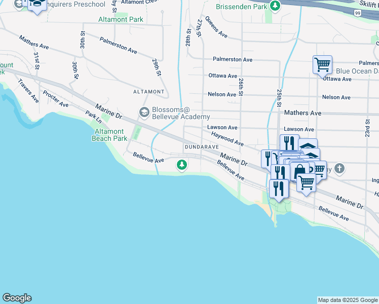 map of restaurants, bars, coffee shops, grocery stores, and more near 2771 Bellevue Avenue in West Vancouver