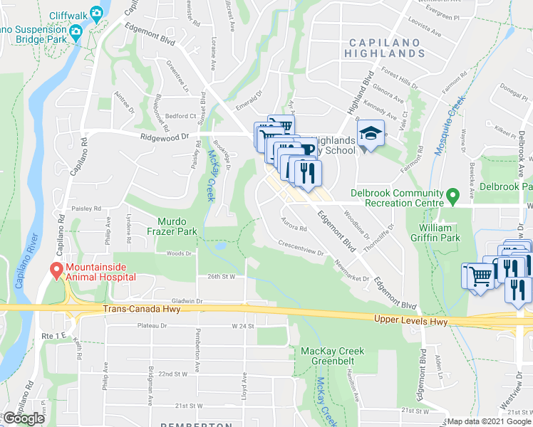 map of restaurants, bars, coffee shops, grocery stores, and more near 2902 Crescentview Drive in North Vancouver