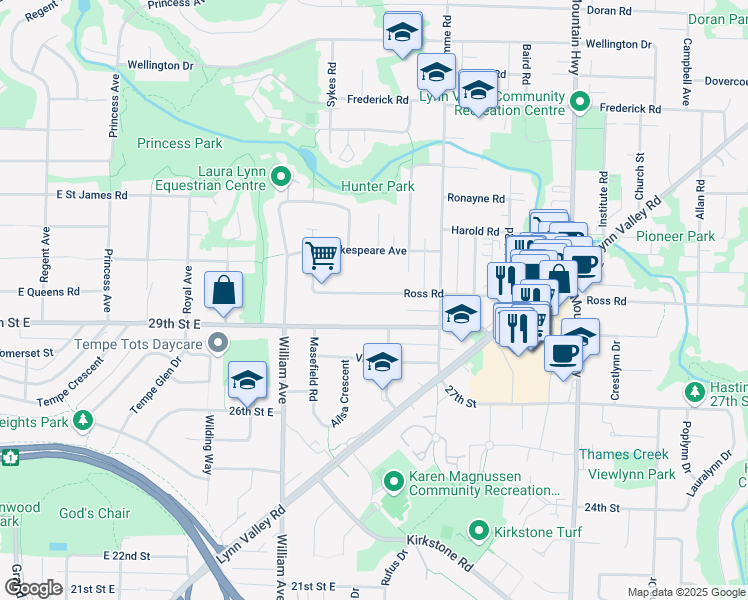 map of restaurants, bars, coffee shops, grocery stores, and more near 971 Ross Road in North Vancouver