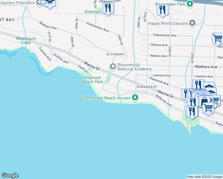 map of restaurants, bars, coffee shops, grocery stores, and more near 2879 Bellevue Avenue in West Vancouver