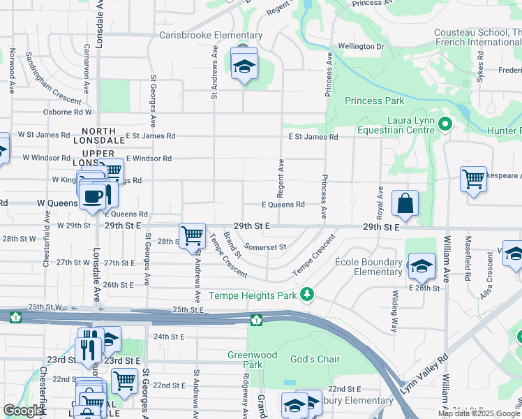 map of restaurants, bars, coffee shops, grocery stores, and more near 555 East Queens Road in North Vancouver