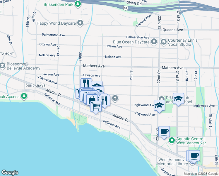 map of restaurants, bars, coffee shops, grocery stores, and more near 2372 Kings Avenue in West Vancouver