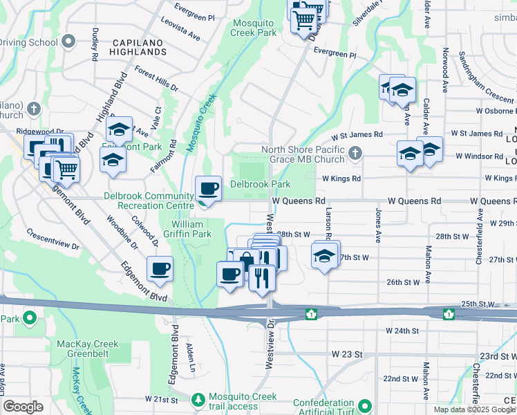 map of restaurants, bars, coffee shops, grocery stores, and more near 739 West Queens Road in North Vancouver