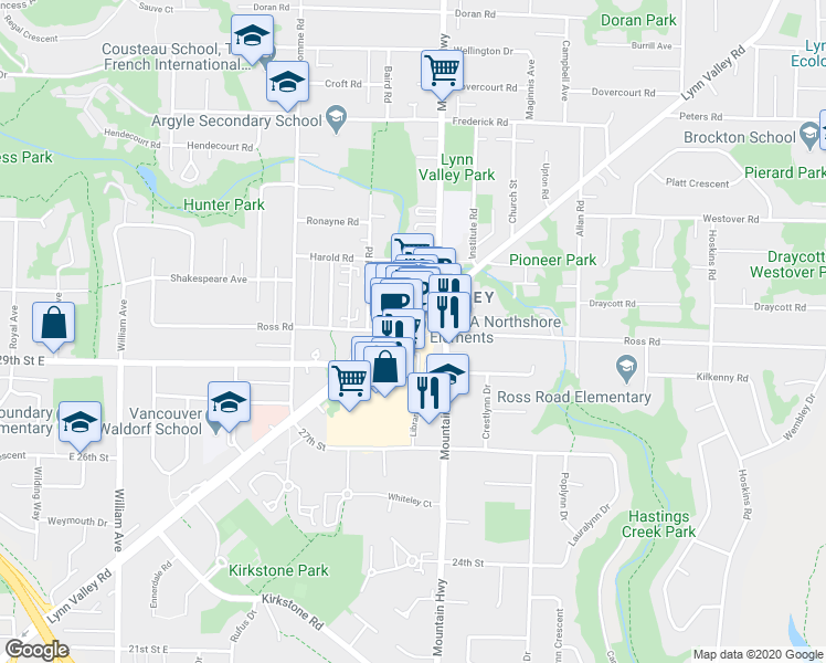map of restaurants, bars, coffee shops, grocery stores, and more near in North Vancouver