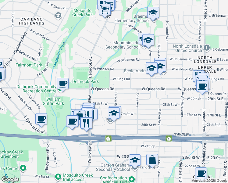 map of restaurants, bars, coffee shops, grocery stores, and more near 2999 Larson Road in North Vancouver