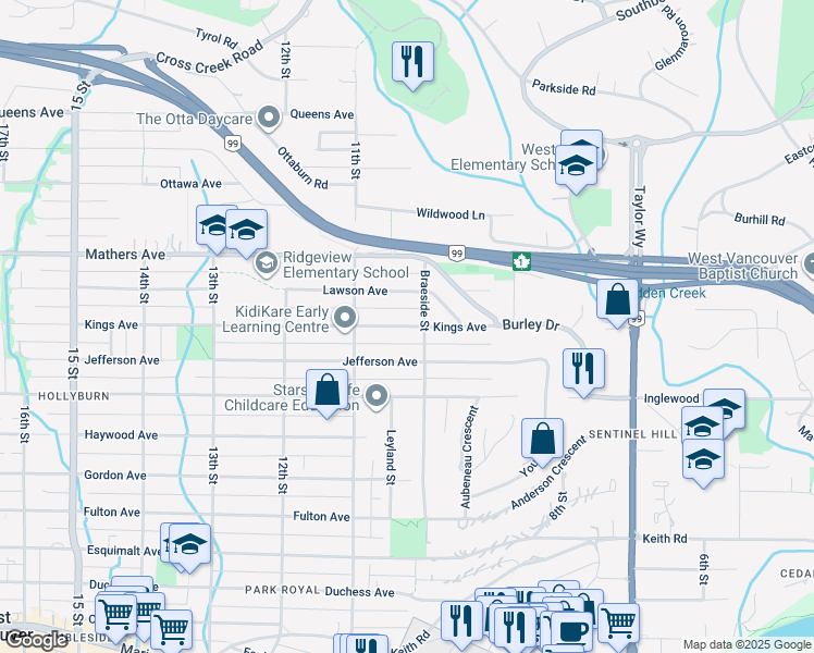 map of restaurants, bars, coffee shops, grocery stores, and more near 1037 Kings Ave in Greater Vancouver Regional District
