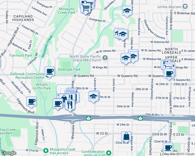 map of restaurants, bars, coffee shops, grocery stores, and more near 561 West Queens Road in North Vancouver