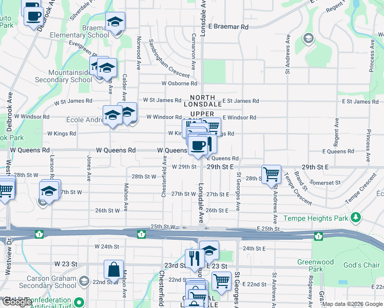 map of restaurants, bars, coffee shops, grocery stores, and more near 115 West Queens Road in North Vancouver