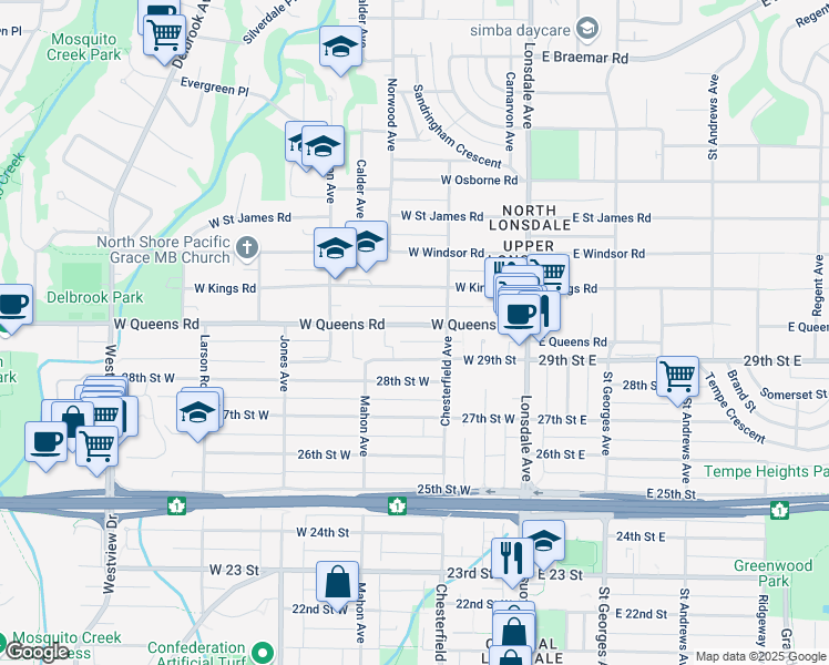 map of restaurants, bars, coffee shops, grocery stores, and more near 261 West Queens Road in North Vancouver