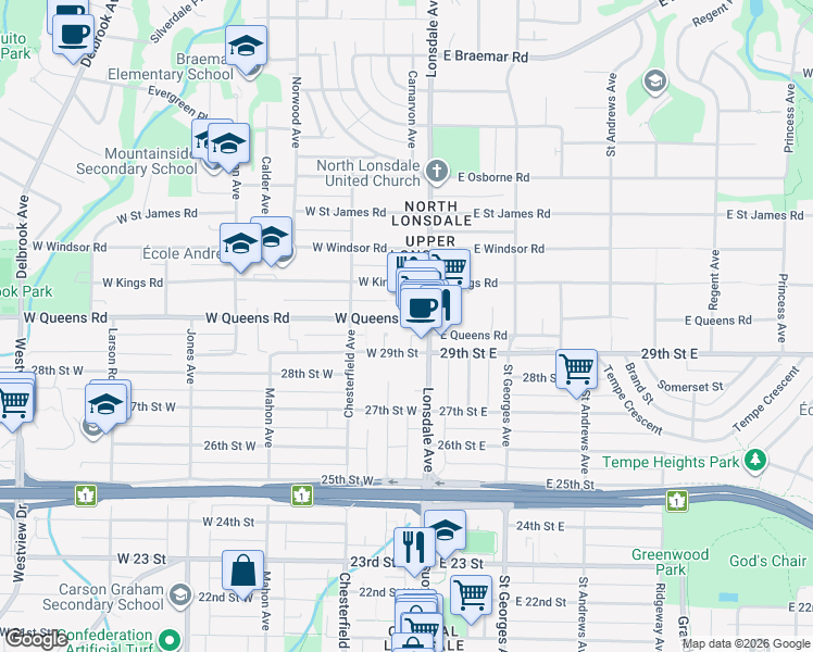 map of restaurants, bars, coffee shops, grocery stores, and more near 115 West Queens Road in North Vancouver