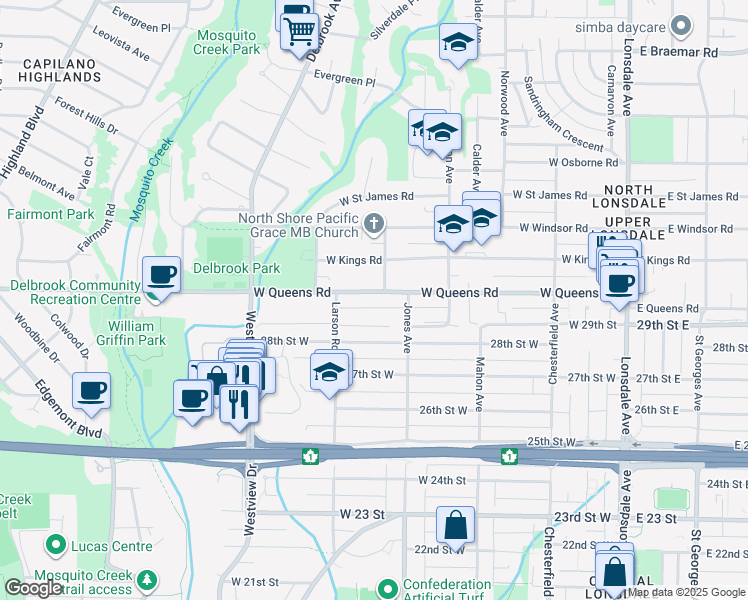 map of restaurants, bars, coffee shops, grocery stores, and more near 515 West Queens Road in North Vancouver