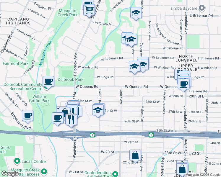 map of restaurants, bars, coffee shops, grocery stores, and more near 515 West Queens Road in North Vancouver