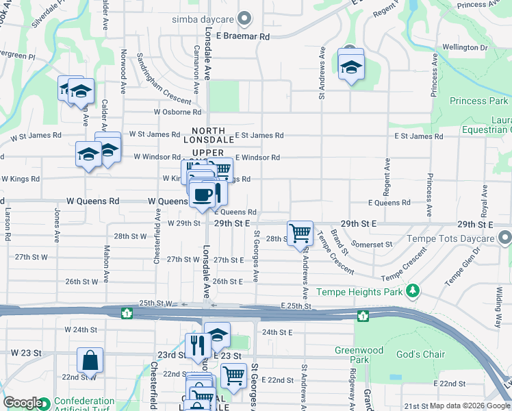 map of restaurants, bars, coffee shops, grocery stores, and more near 192 East Queens Road in North Vancouver