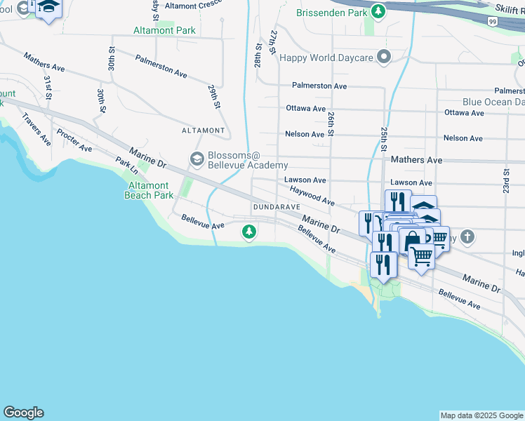 map of restaurants, bars, coffee shops, grocery stores, and more near 2771 Bellevue Avenue in West Vancouver