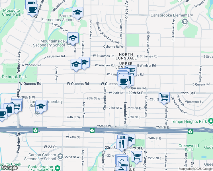 map of restaurants, bars, coffee shops, grocery stores, and more near 2994 Chesterfield Avenue in North Vancouver