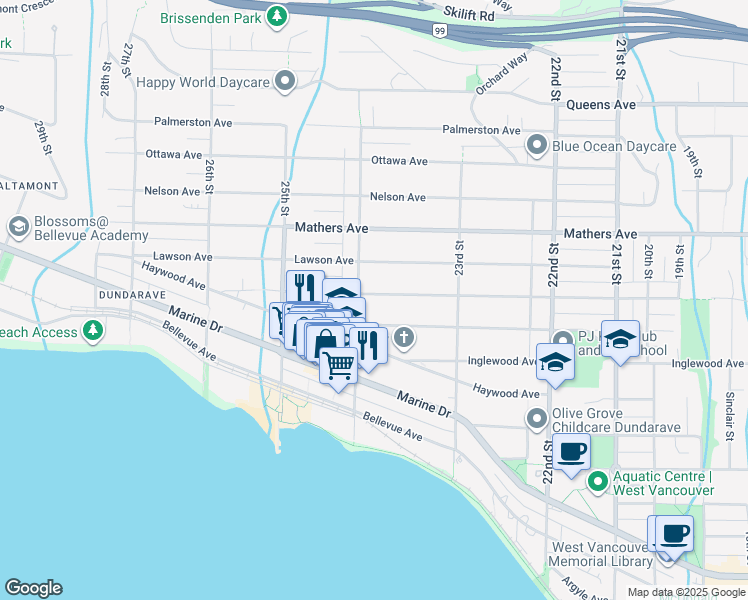map of restaurants, bars, coffee shops, grocery stores, and more near 2386 Kings Avenue in West Vancouver