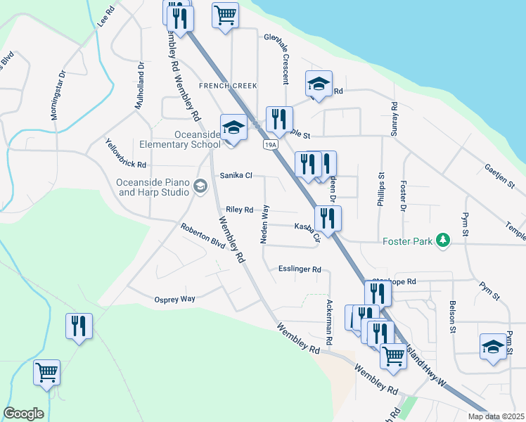 map of restaurants, bars, coffee shops, grocery stores, and more near 960 Riley Road in Parksville