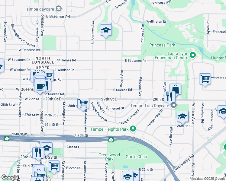 map of restaurants, bars, coffee shops, grocery stores, and more near 555 East Queens Road in North Vancouver