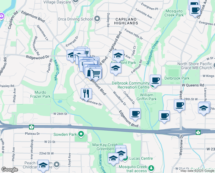 map of restaurants, bars, coffee shops, grocery stores, and more near 2995 Woodbine Drive in North Vancouver