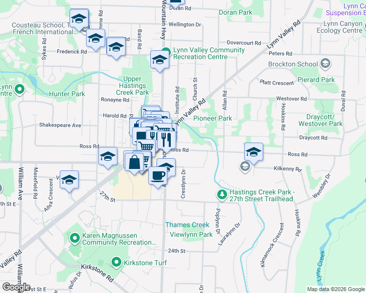 map of restaurants, bars, coffee shops, grocery stores, and more near 1370 Ross Road in North Vancouver