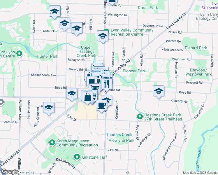 map of restaurants, bars, coffee shops, grocery stores, and more near 1318 Ross Road in North Vancouver
