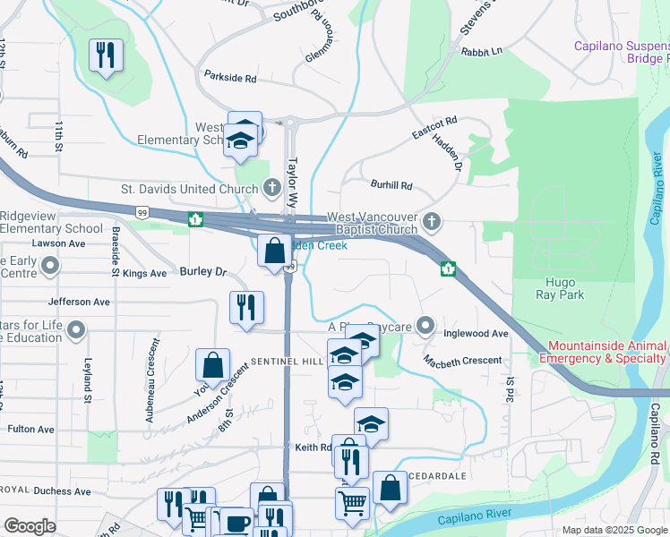 map of restaurants, bars, coffee shops, grocery stores, and more near 554 Newcroft Place in West Vancouver
