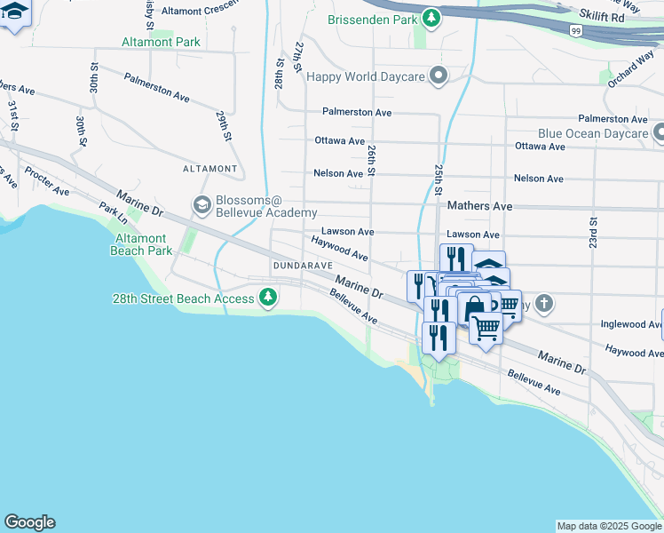 map of restaurants, bars, coffee shops, grocery stores, and more near 2659 Marine Drive in West Vancouver