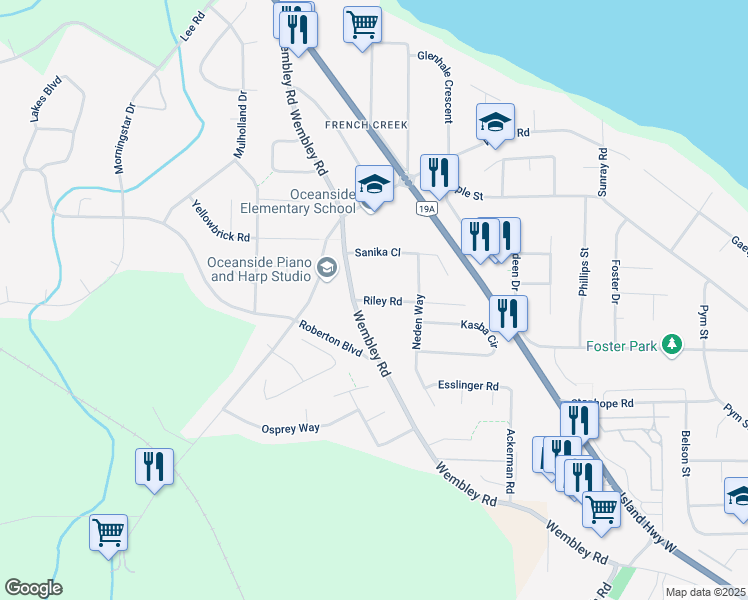 map of restaurants, bars, coffee shops, grocery stores, and more near 983 Riley Road in Parksville