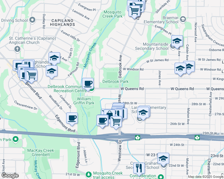 map of restaurants, bars, coffee shops, grocery stores, and more near 753 West Queens Road in North Vancouver