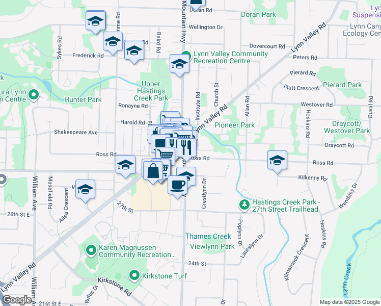 map of restaurants, bars, coffee shops, grocery stores, and more near in North Vancouver
