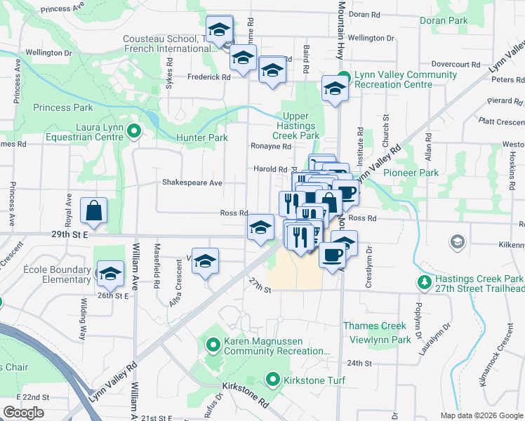 map of restaurants, bars, coffee shops, grocery stores, and more near in North Vancouver