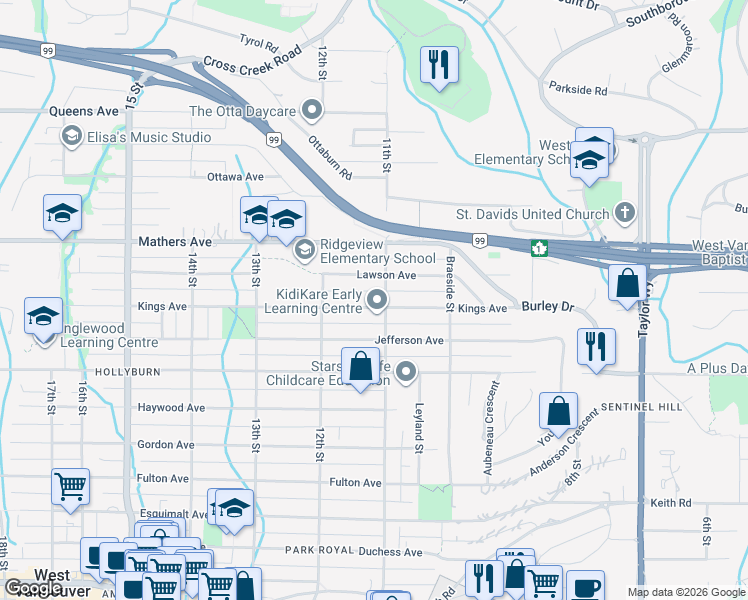 map of restaurants, bars, coffee shops, grocery stores, and more near 1117 Kings Avenue in West Vancouver