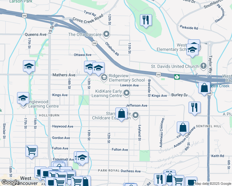 map of restaurants, bars, coffee shops, grocery stores, and more near 1165 Kings Avenue in West Vancouver