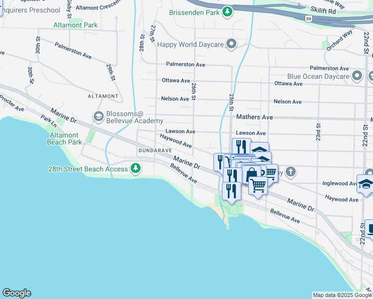 map of restaurants, bars, coffee shops, grocery stores, and more near 2616 Haywood Avenue in West Vancouver