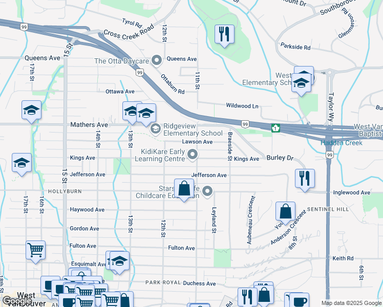 map of restaurants, bars, coffee shops, grocery stores, and more near 1117 Kings Avenue in West Vancouver