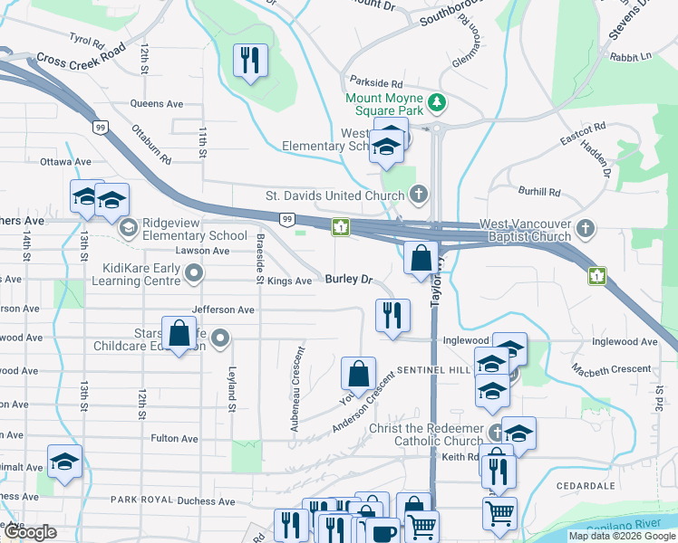 map of restaurants, bars, coffee shops, grocery stores, and more near 865 Burley Drive in West Vancouver