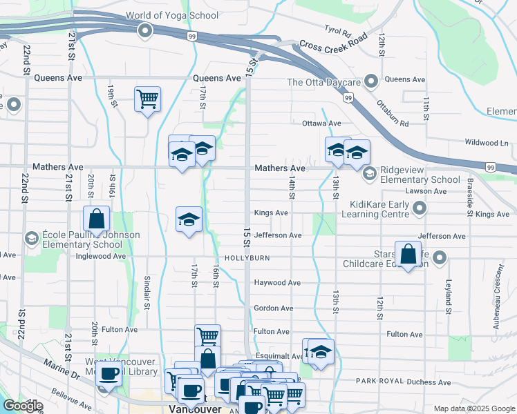 map of restaurants, bars, coffee shops, grocery stores, and more near 1475 Kings Avenue in West Vancouver