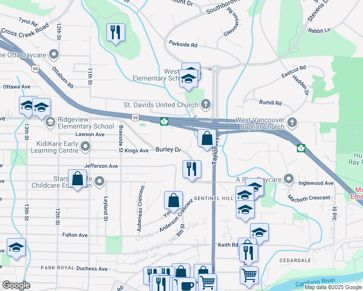 map of restaurants, bars, coffee shops, grocery stores, and more near 811 Burley Drive in West Vancouver