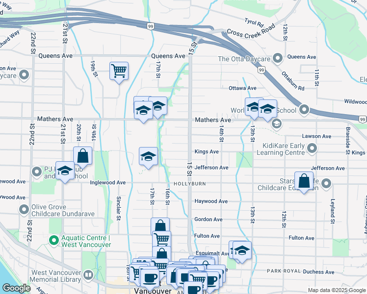 map of restaurants, bars, coffee shops, grocery stores, and more near 1525 Kings Avenue in West Vancouver
