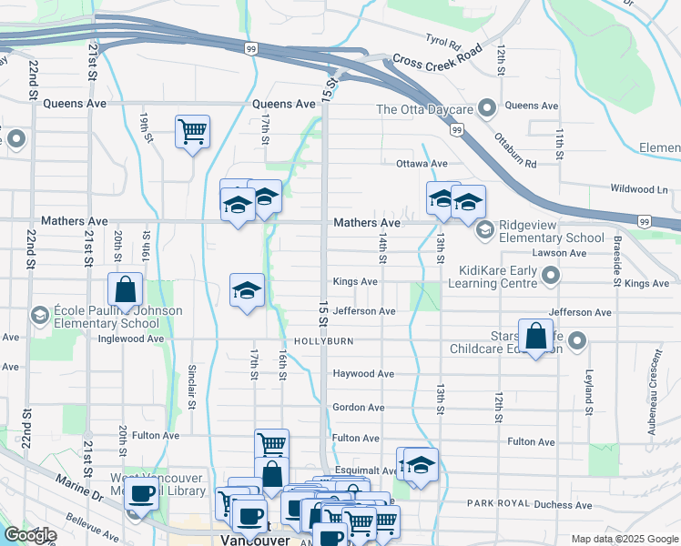 map of restaurants, bars, coffee shops, grocery stores, and more near 1475 Kings Avenue in West Vancouver