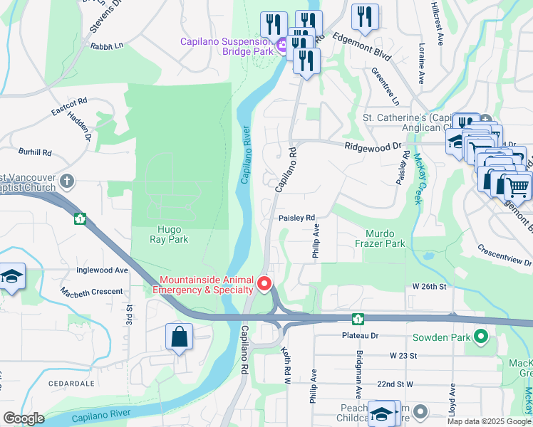 map of restaurants, bars, coffee shops, grocery stores, and more near 2889 Capilano Road in North Vancouver
